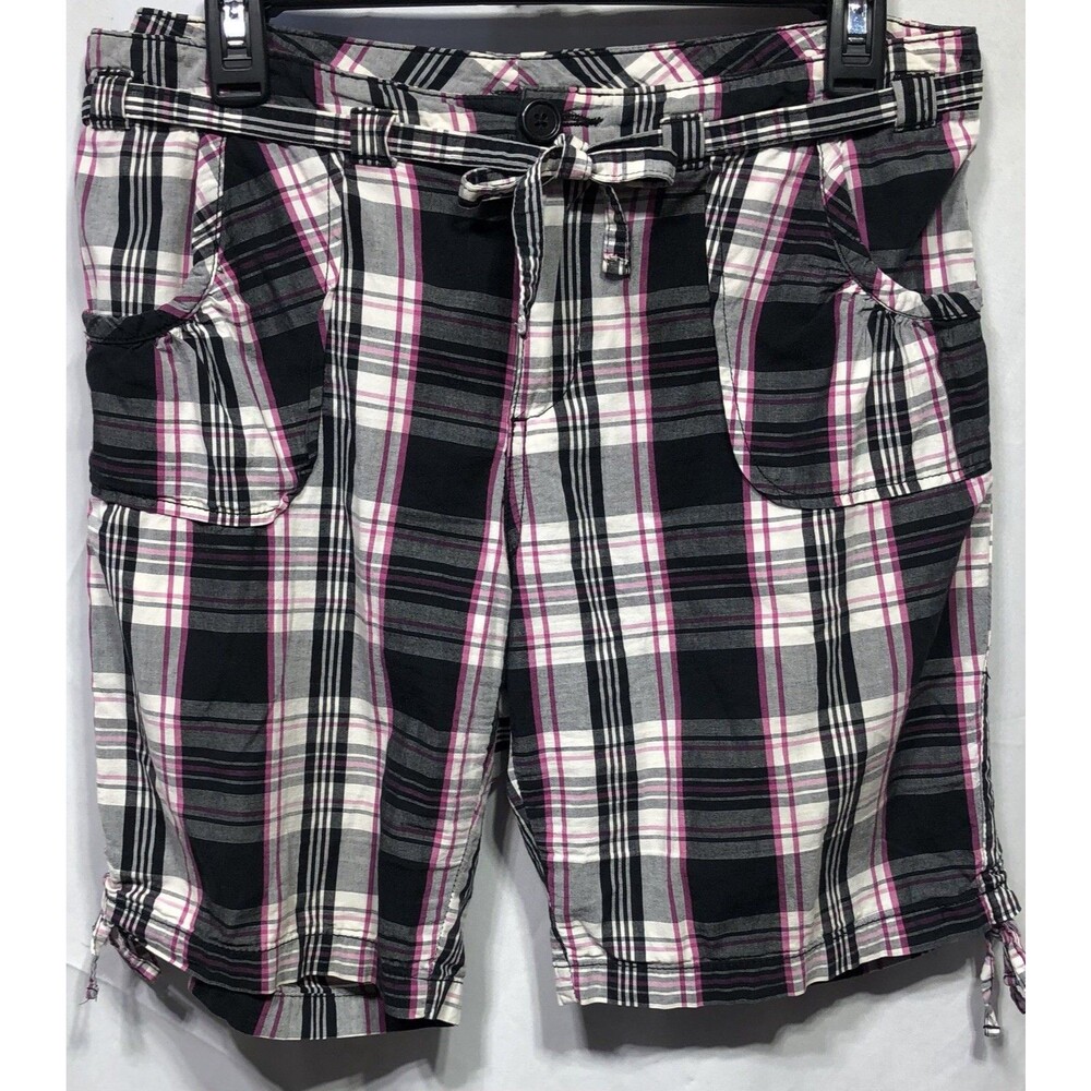 Women bugle boy retro 90s Y2K M Blk pink plaid mid rise Bermuda shorts vintage